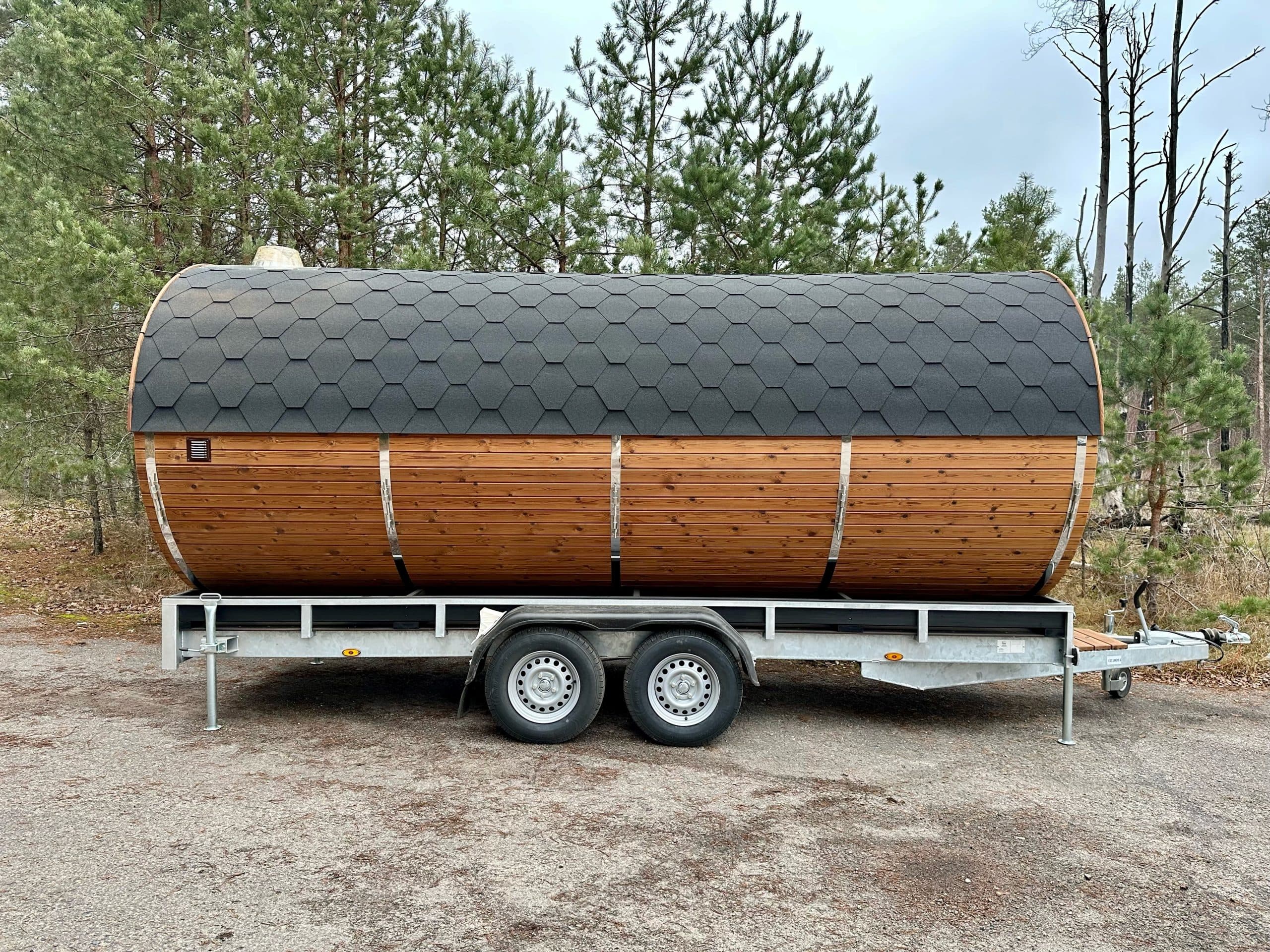 Bespoke barrel mobile sauna trailer in thermowood