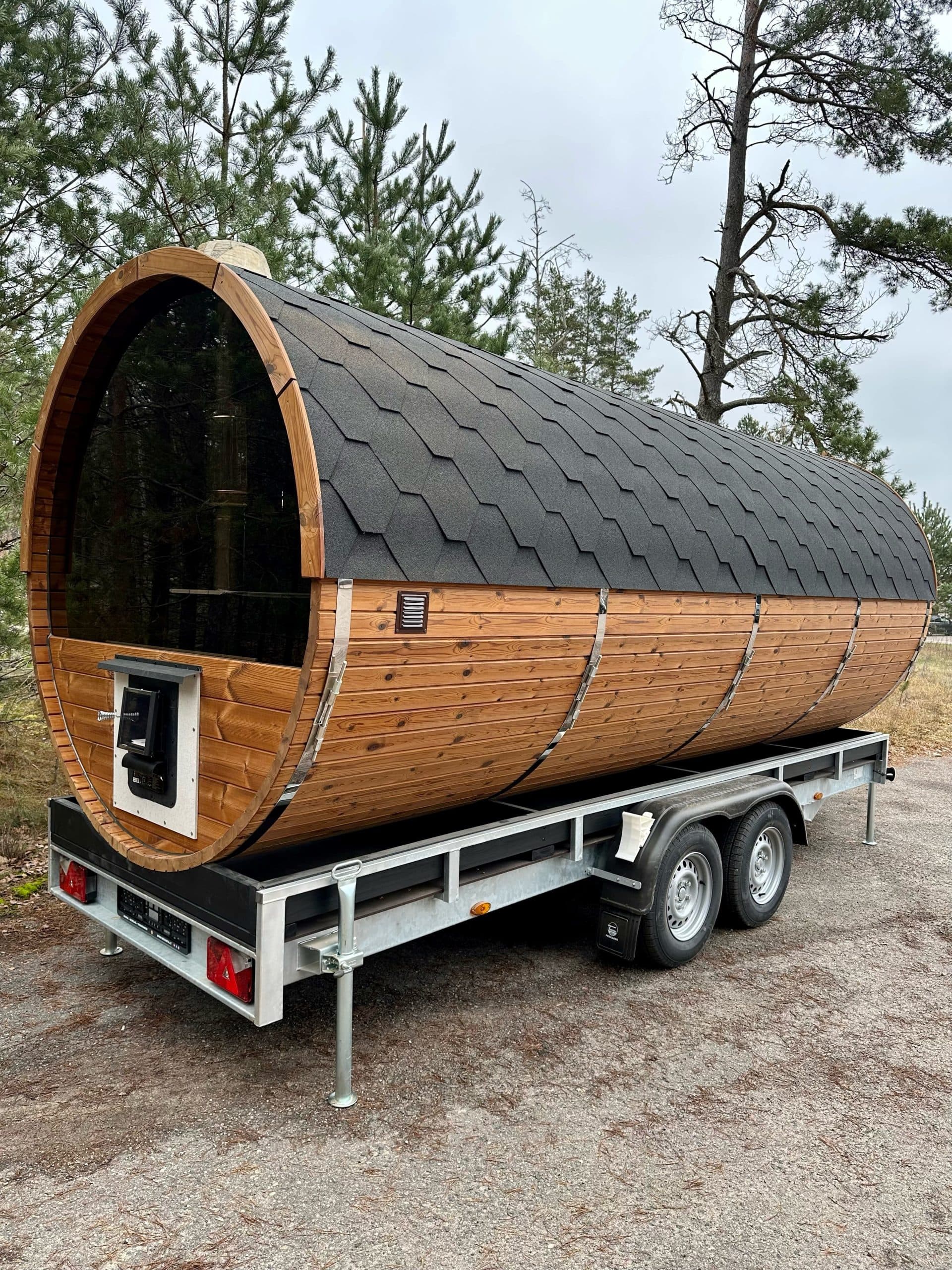 Cedar barrel mobile sauna trailer with panoramic glass front