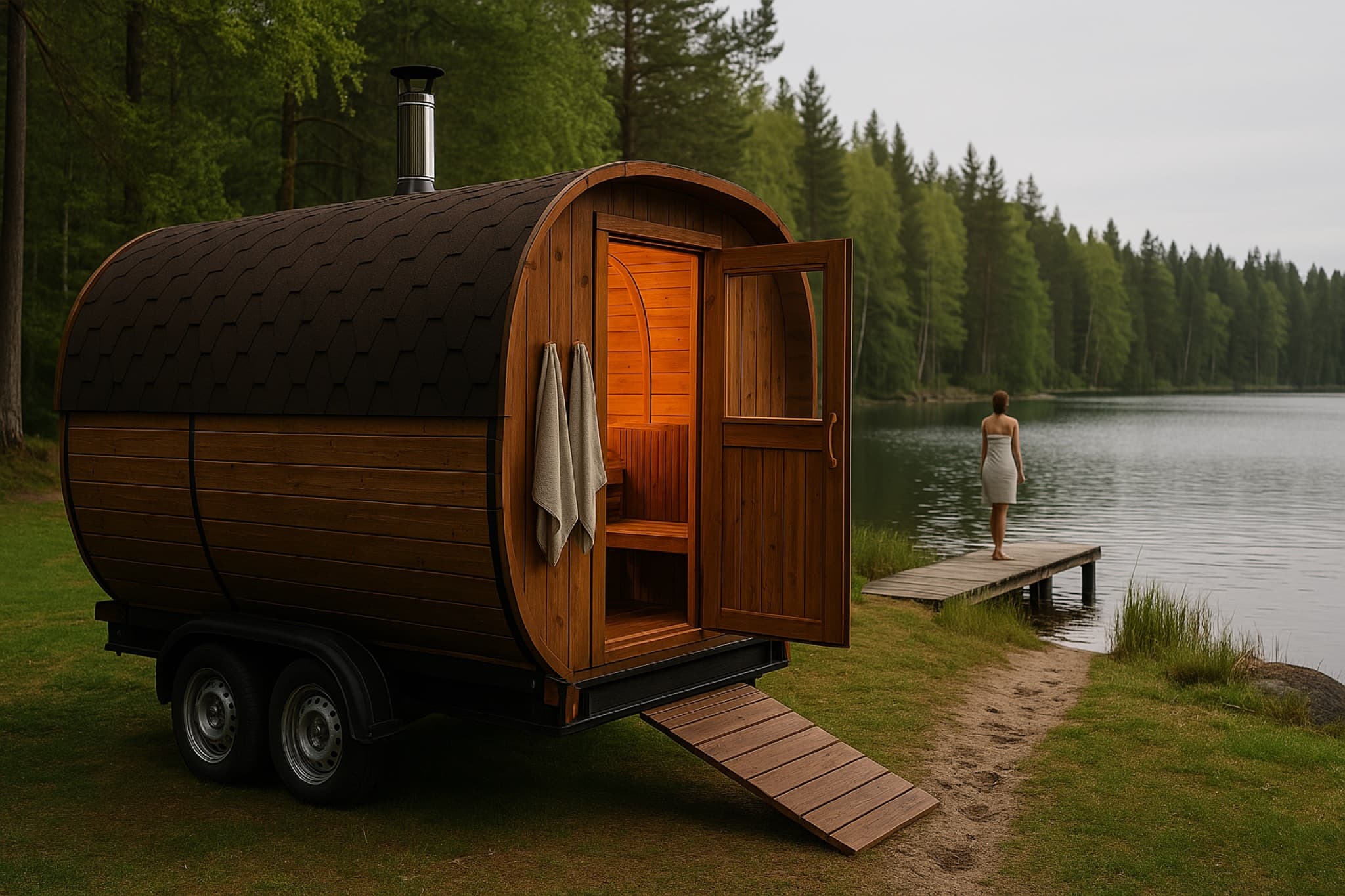 Bespoke mobile sauna trailer beside a lake in a forest clearing