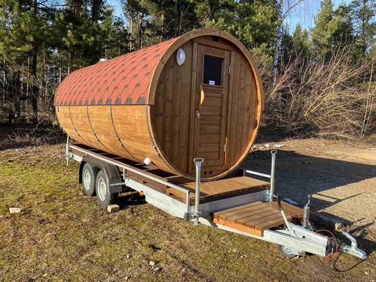 Mobile barrel sauna on trailer